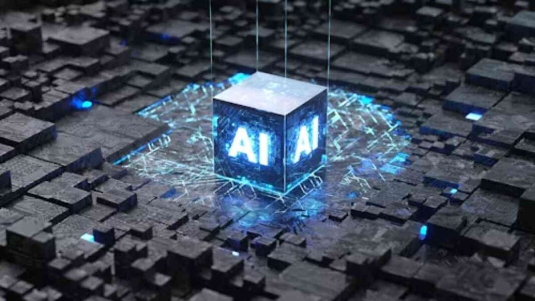 Glowing AI cube in a futuristic digital network grid