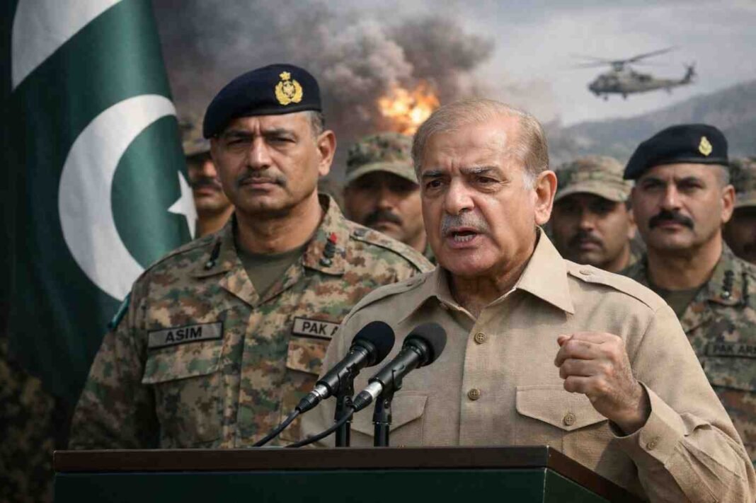 Shehbaz Sharif addressing media with army officials behind him.