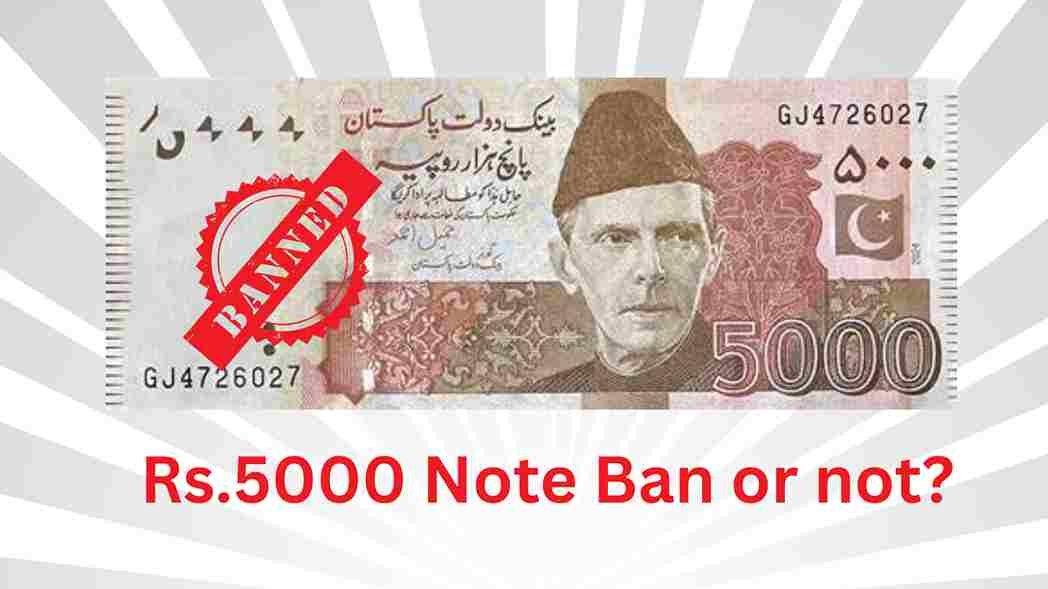 Pakistani Rs5,000 currency note with a red “BANNED” stamp and text asking whether the Rs5,000 note is banned or not.