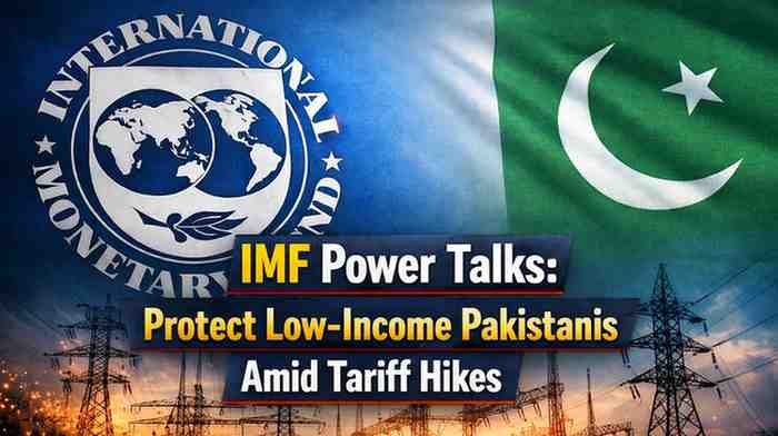 IMF and Pakistan flag with power lines symbolizing tariff discussions