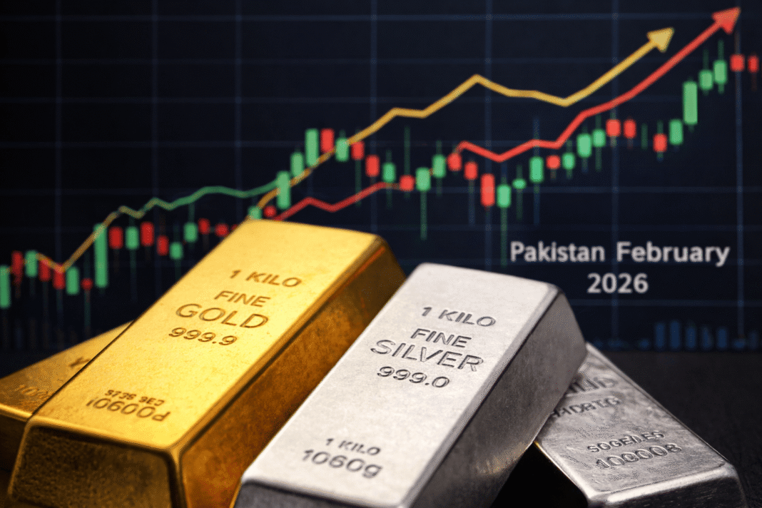 Gold and silver bars with price chart showing increase in Pakistan February 2026