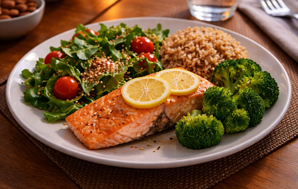 Healthy evening meal on a table, showing benefits of avoiding late-night eating.