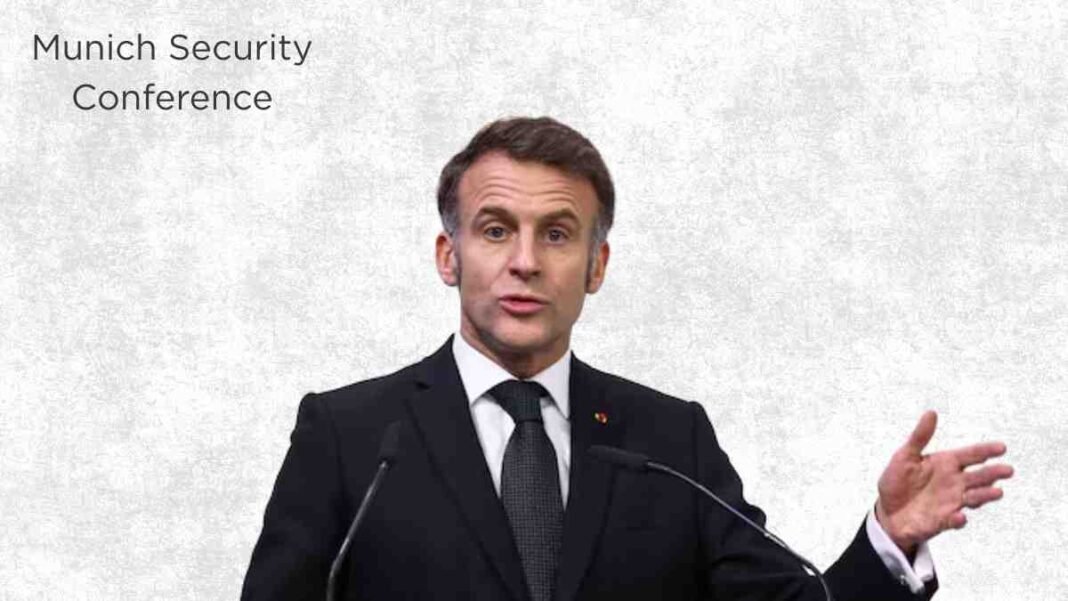 French President Emmanuel Macron addressing the Munich Security Conference during a speech on Europe’s geopolitical strength