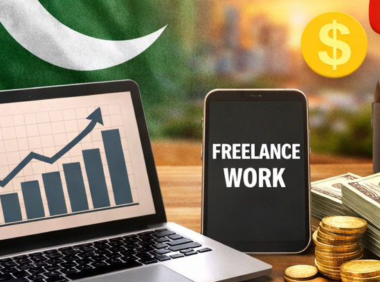 Online Earning in Pakistan 2026 concept image showing laptop with growth chart, freelance work on mobile screen, cash, camera, and Pakistan flag background.