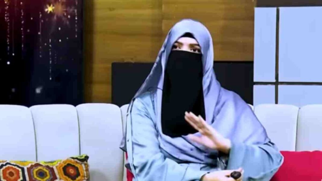 Sara Chaudhry wearing a niqab during a podcast interview as she discusses faith, identity, and life after showbiz.