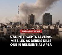 UAE air defense system intercepting an incoming missile, with debris falling near Abu Dhabi, highlighting the incident involving a Pakistani citizen.