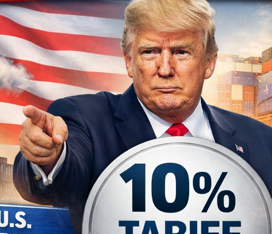 US President Donald Trump with US flag, cargo containers, and global trade icons illustrating 10% global tariffs 2026 and economic impact.