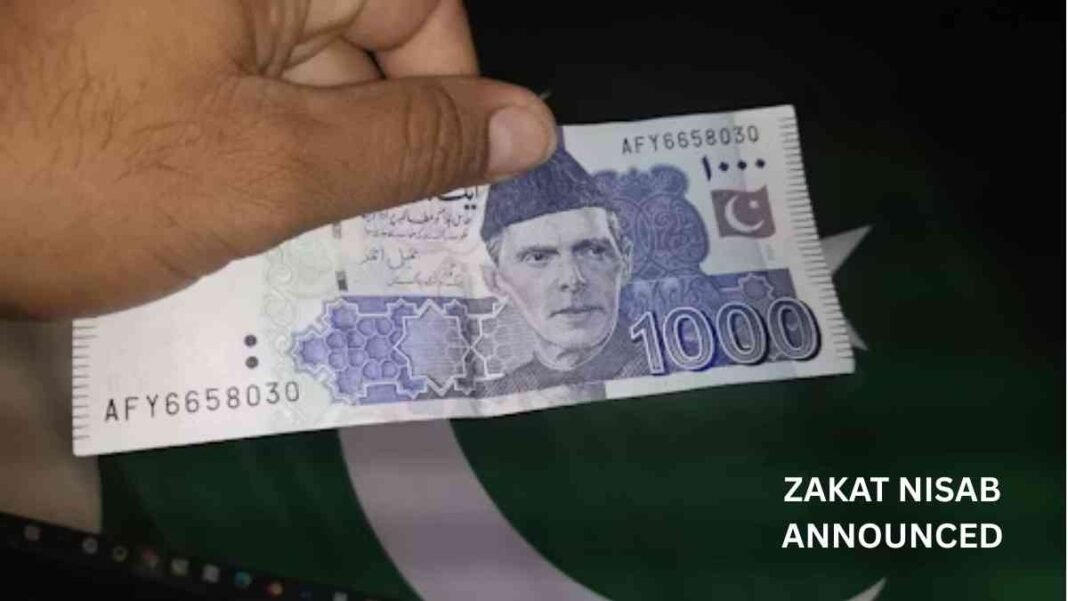 Hand holding Pakistani 1000 rupee note with text “Zakat Nisab Announced”.