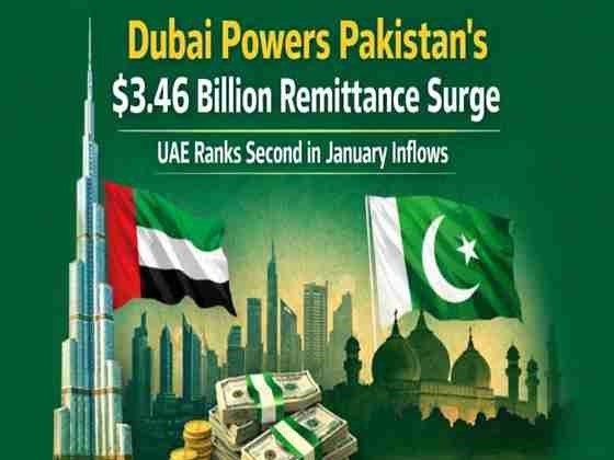 Dubai skyline and Pakistan flag representing $3.46 billion remittance inflows from UAE to Pakistan in January