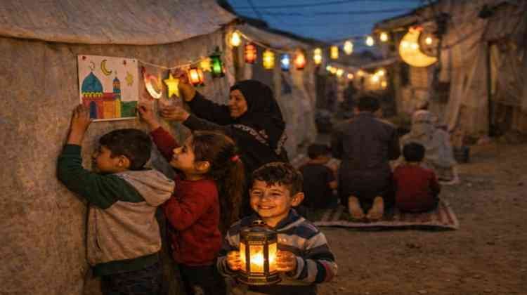 Palestinian families decorating refugee camp tents with Ramadan lanterns in Gaza 2026