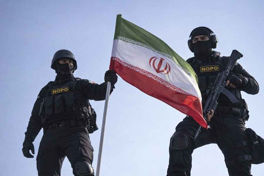 Iranian armed security forces holding the Iranian flag during a security operation under a clear sky.