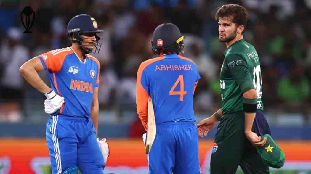Indian and Pakistani cricketers standing on the field during a T20 World Cup game.