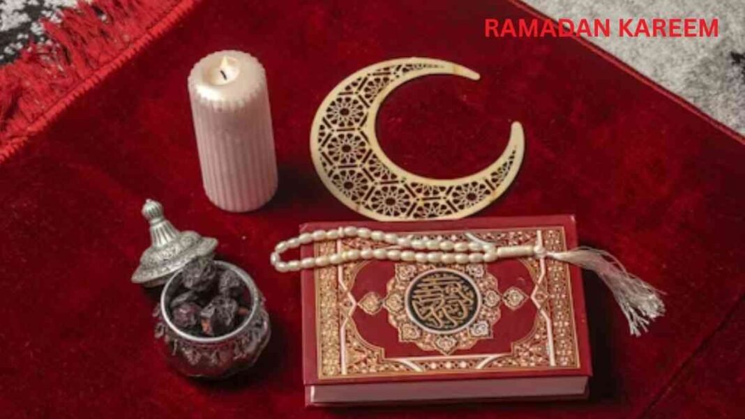 Ramadan Kareem display featuring Quran, crescent ornament, prayer beads, dates, and candle on red mat