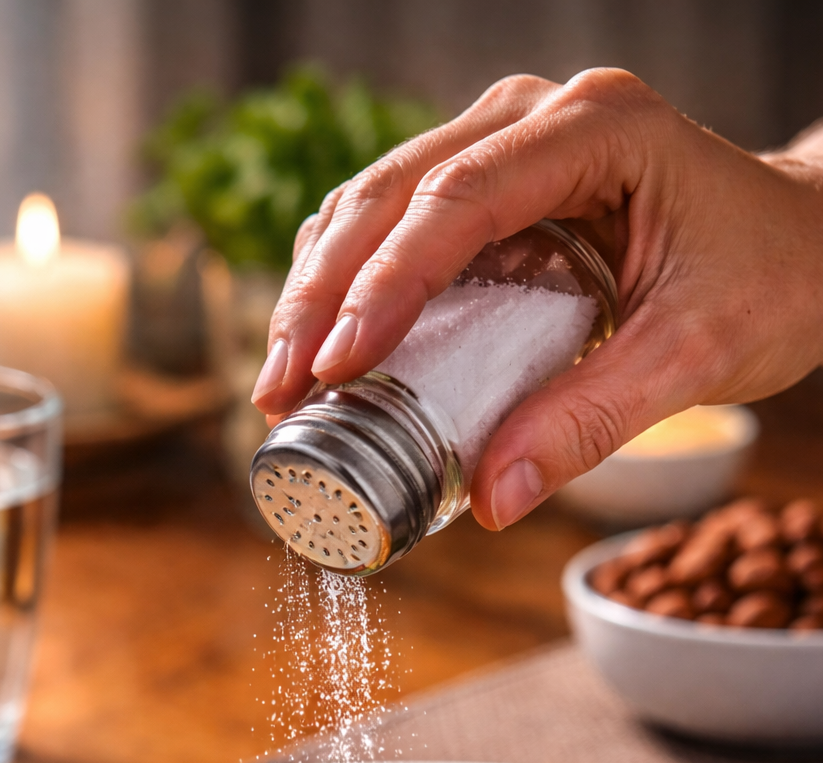 A hand sprinkling extra salt on a meal, highlighting the link between excess salt and depression risk.