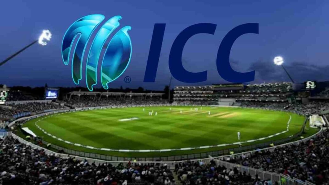 ICC logo displayed over a cricket stadium during a night match.