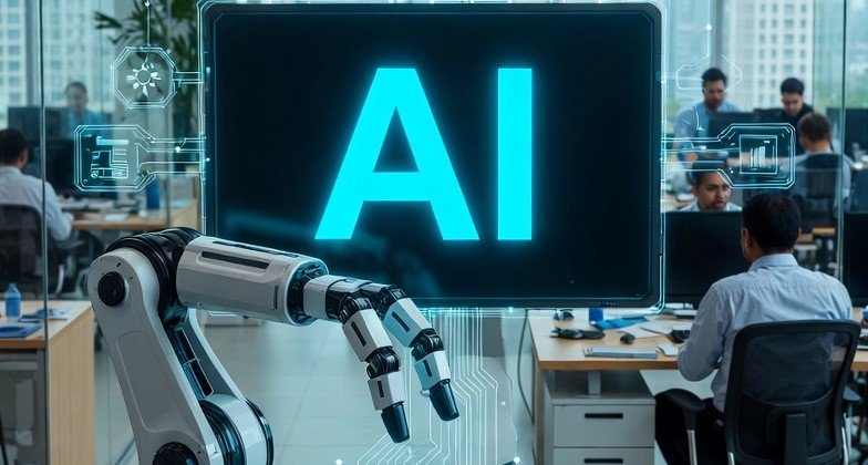 Businessman sitting in a modern office looking at a digital screen displaying the word AI, representing artificial intelligence in business.