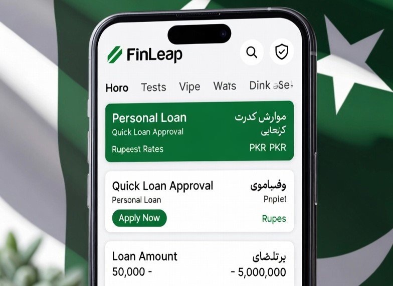 FinLeap digital finance platform interface showing loan services for Pakistan users