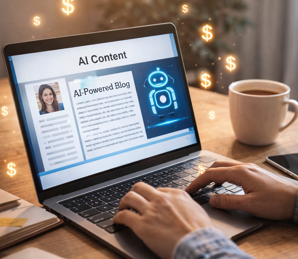 Freelancer working from home on a laptop using AI content platforms to earn money online