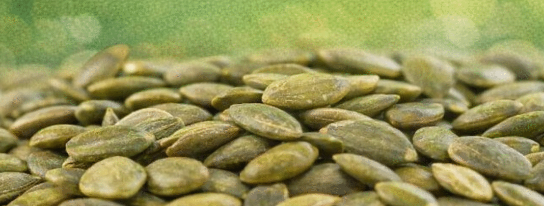 Pumpkin Seeds Benefits: Health Secrets You Need to Know Close-up of raw pumpkin seeds spread out on a flat surface, highlighting their natural texture and greenish-brown color.