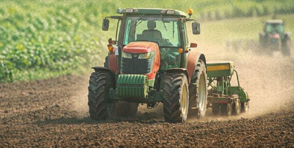 Red and green tractor plowing a field, with dust rising from the soil and green crops in the background.
