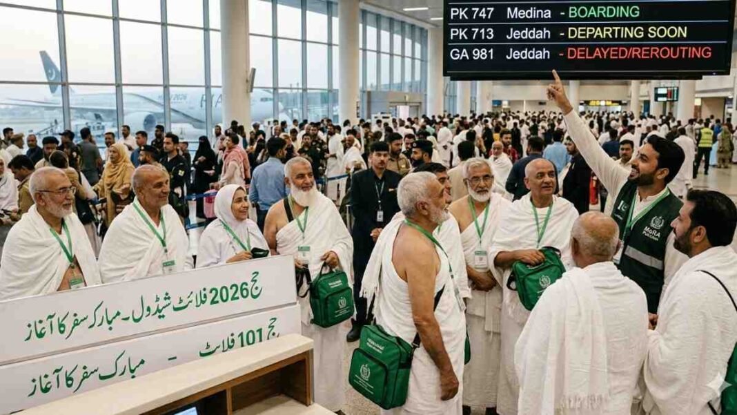Pakistani Hajj pilgrims gathered at airport for departure to Medina and Jeddah under Hajj 2026 flight schedule