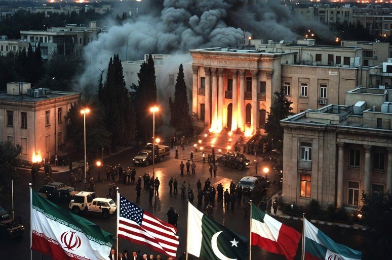 Explosion area near Pakistan embassy in Tehran with smoke rising after airstrike