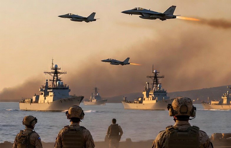 (US military scene with ground troops, fighter jets, and naval ships