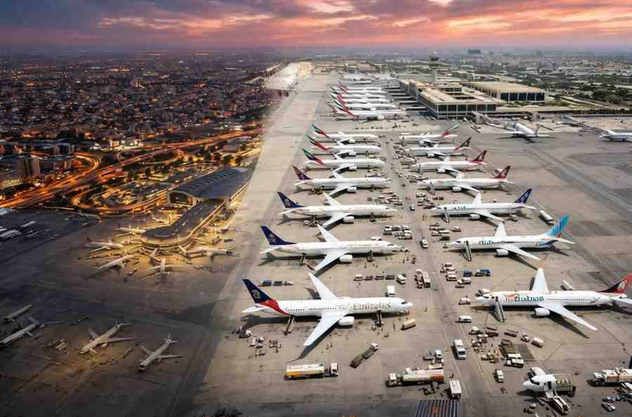 Multiple commercial airplanes parked at airport terminal with ground operations