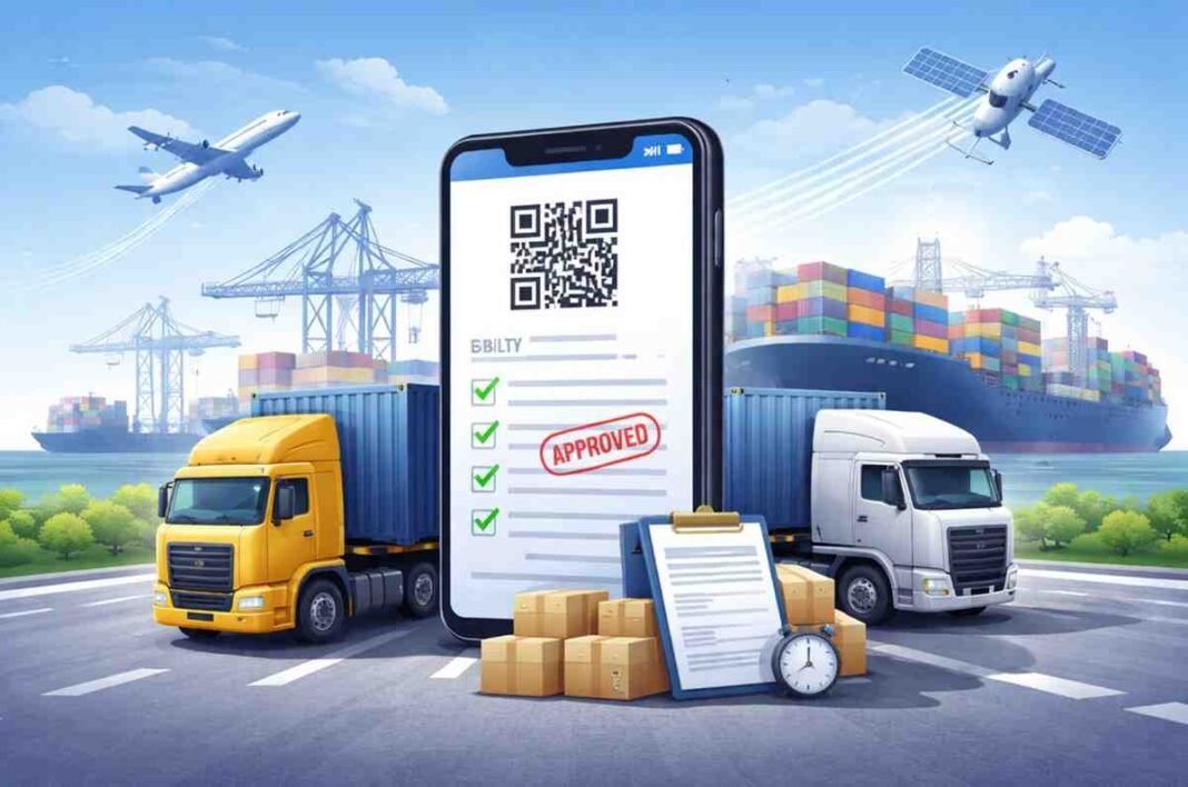 E-Bility System digital cargo transport with trucks and containers.