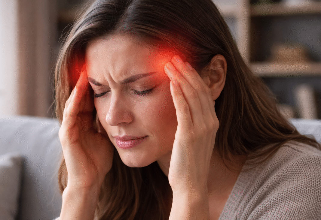 Woman holding her temples while experiencing a severe headache.