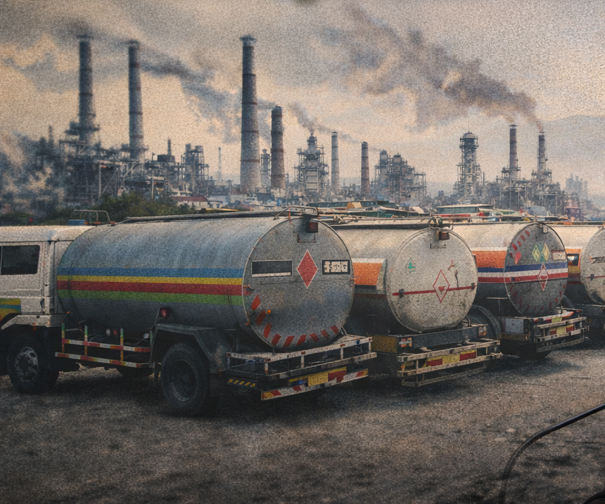 No fuel shortage in Pakistan Amid Global Tentions: finance minister Said Oil tanks in the foreground with smokestack chimneys releasing smoke in the background, representing industrial fuel supply and energy production.