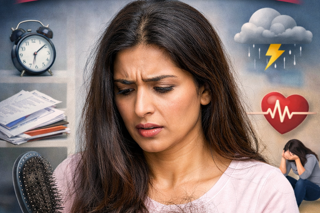 Woman examining hair fall in mirror due to stress