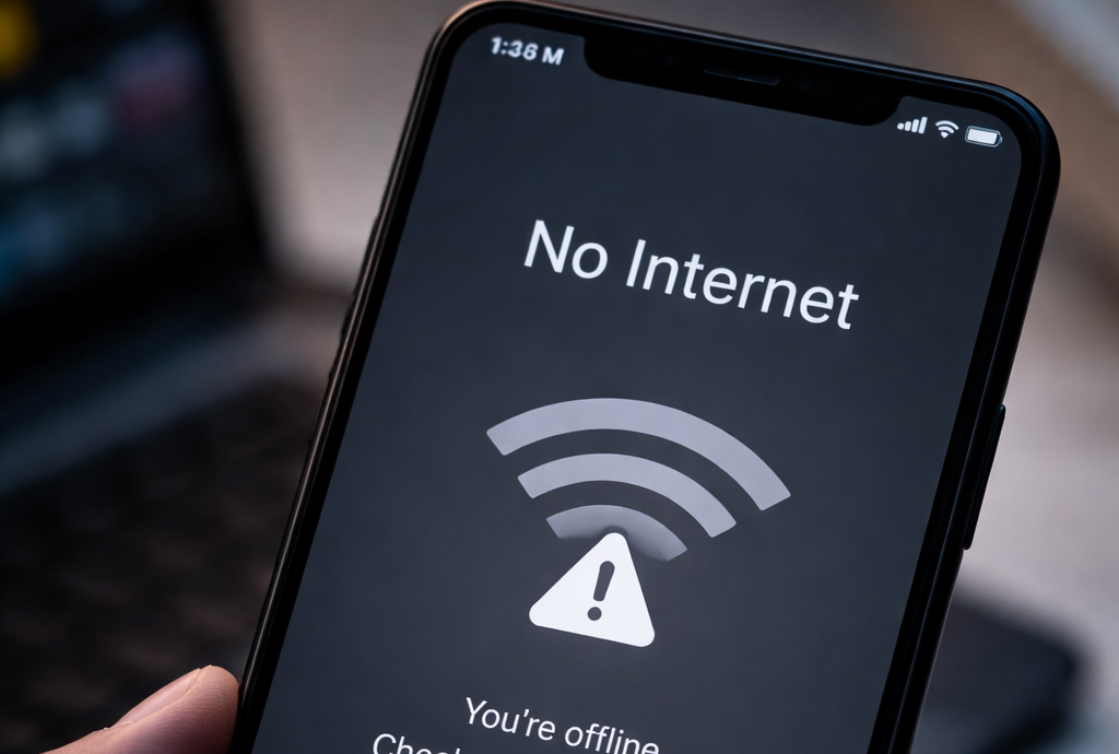 Smartphone screen showing no internet connection error with retry button