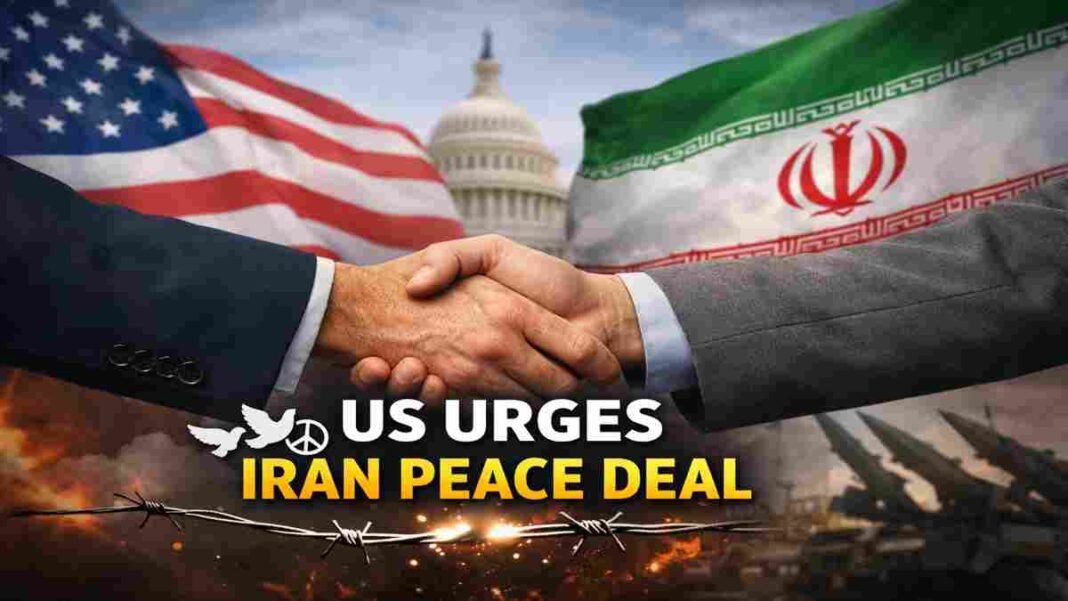 US and Iran flags with handshake symbolizing call for Iran peace deal amid tensions