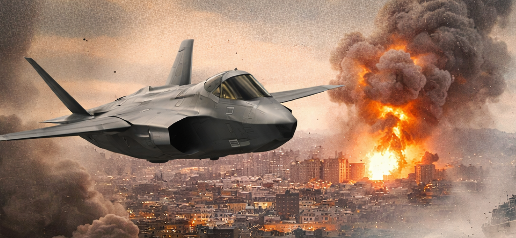 A fighter jet flies over turbulent seas with smoke and smog rising in the background, indicating active conflict.