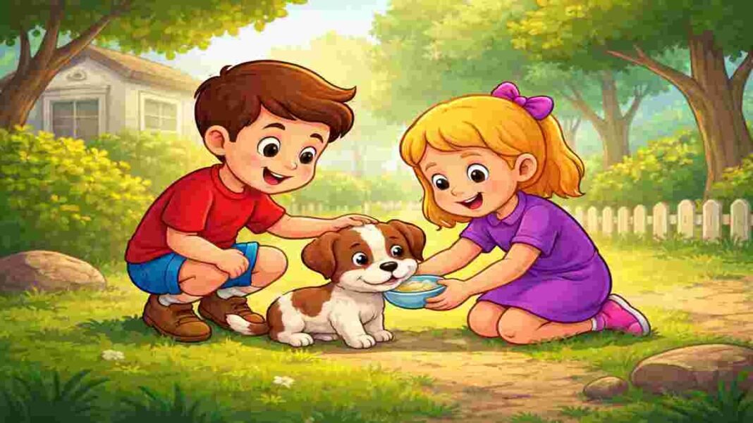kids helping lost puppy in kindness story for kids