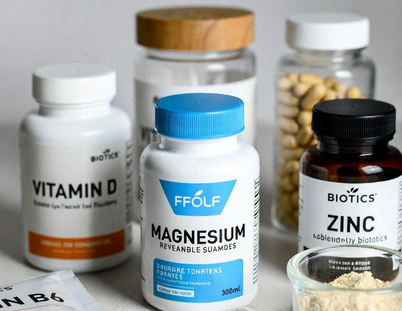 Bottles of magnesium and vitamin supplements arranged on a table for health and nutrition support.