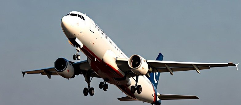 New international airline launch in Pakistan with airplane taking off from runway