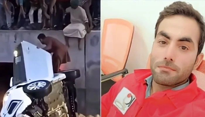 Pakistani hero Shahzad Khan rescuing two people from a car swept by floodwaters in Barka, Oman