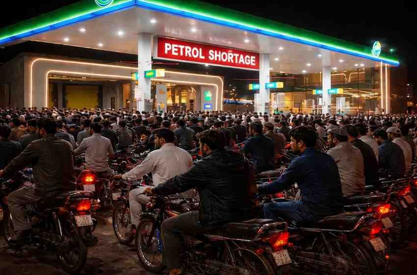 Long queue of motorcycles and vehicles at a petrol pump during fuel shortage in Pakistan.