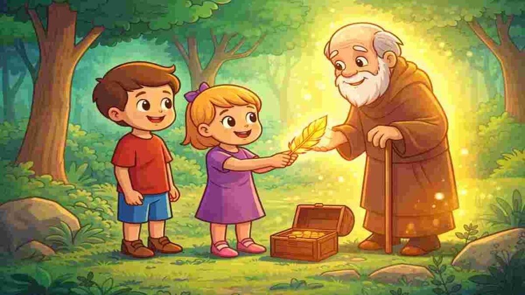 kids returning golden feather to old man in honesty story for kids