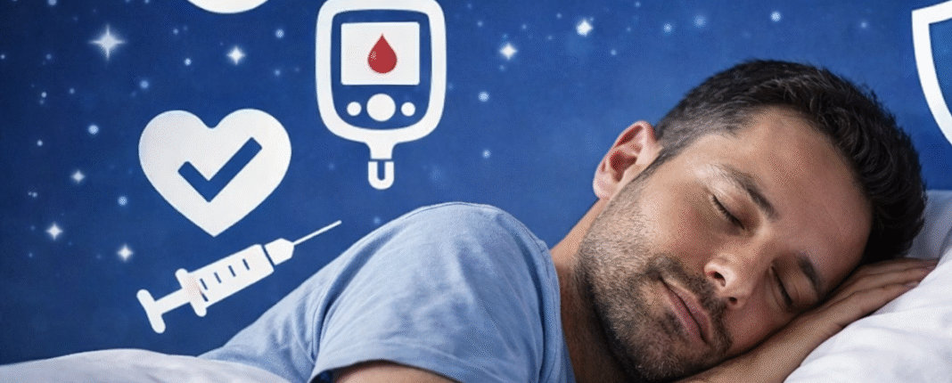 Person sleeping peacefully with health icons showing diabetes prevention