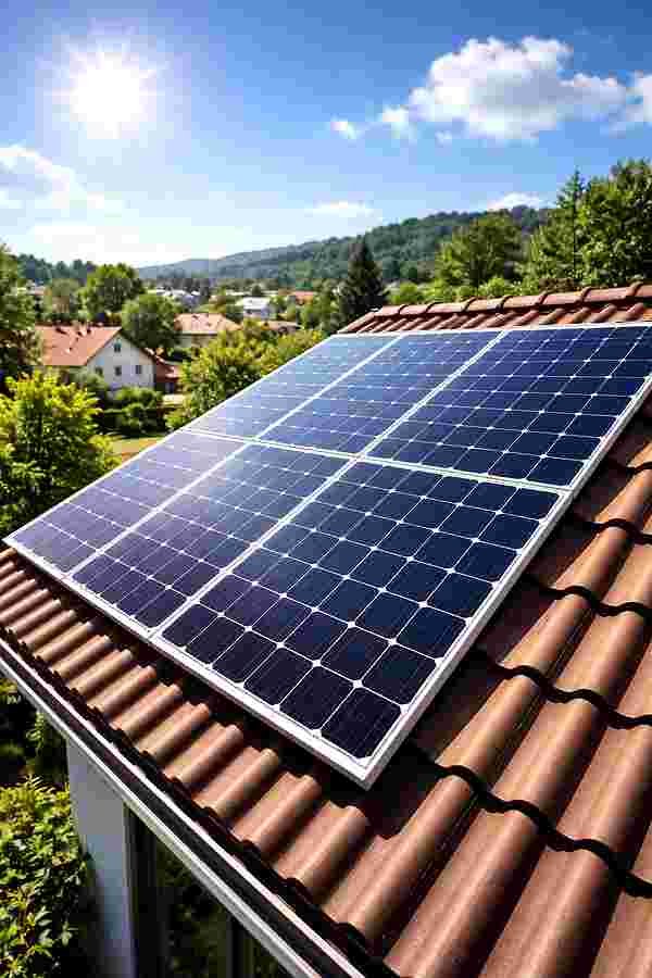 Solar panels mounted on a house rooftop with surrounding neighborhood and green trees in daylight.