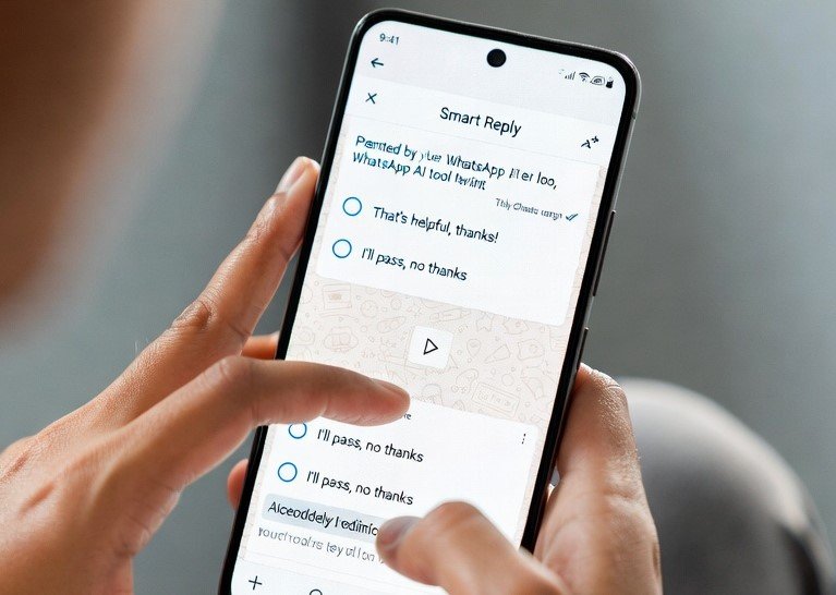 WhatsApp AI Writing Tool Launched – Smarter Replies in Seconds Person using WhatsApp AI writing tool on smartphone generating smart reply in chat