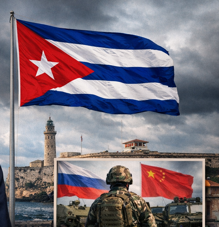 Cuban flag over Havana skyline with military vehicles and soldiers in front of Russian and Chinese flags,