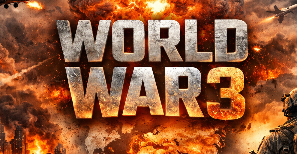 Digital illustration of World War 3 showing a burning city, nuclear explosion, military jets, warships, and a soldier standing in a battlefield.