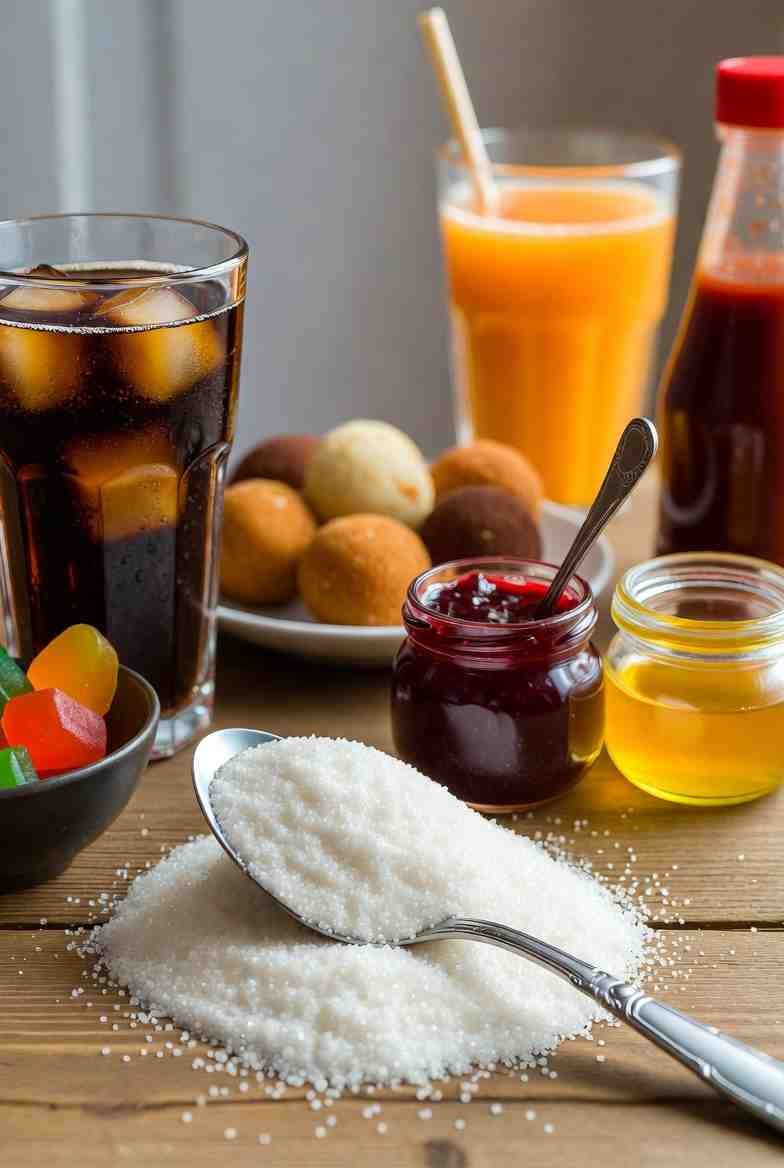 How Much Sugar Per Day Is Safe? WHO Guidelines and Easy Tips soft drink sugar spoon honey jam and sweet foods showing daily sugar intake and hidden added sugars
