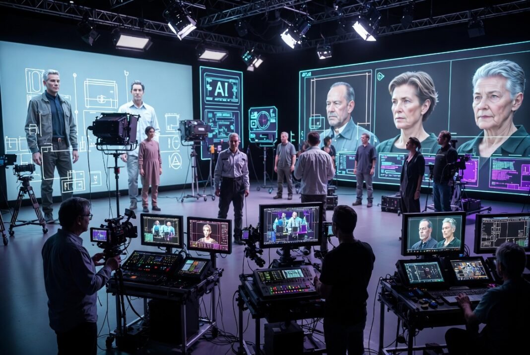 Digital actors and AI technology in an Indian film studio creating a movie scene.