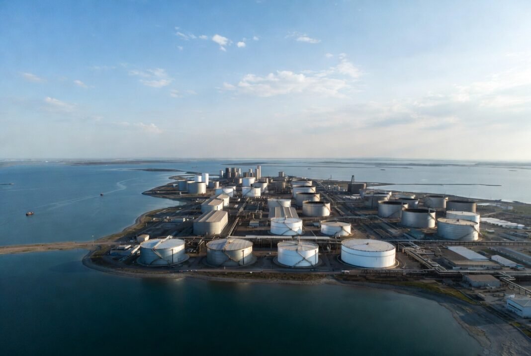 Iran’s Treasure “Kharg” on Trump’s Target Aerial view of Iran’s Kharg Island showing oil storage tanks and export terminals in the Persian Gulf