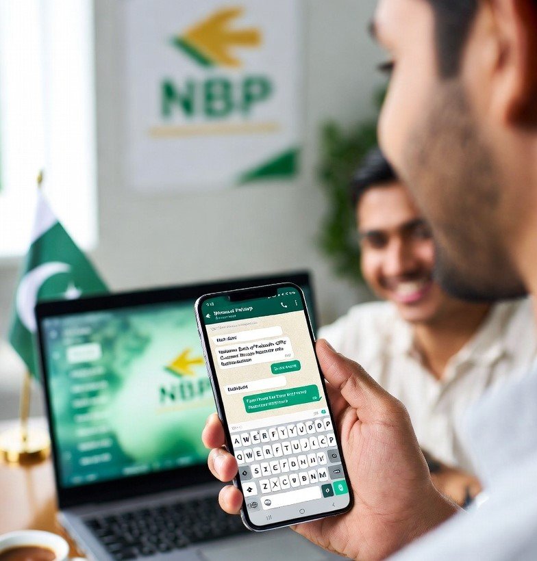 Customer using WhatsApp on mobile for National Bank of Pakistan banking services